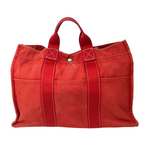 HERMES Canvas Fourre Tout MM Rouge Handbag - Picture 1 of 16